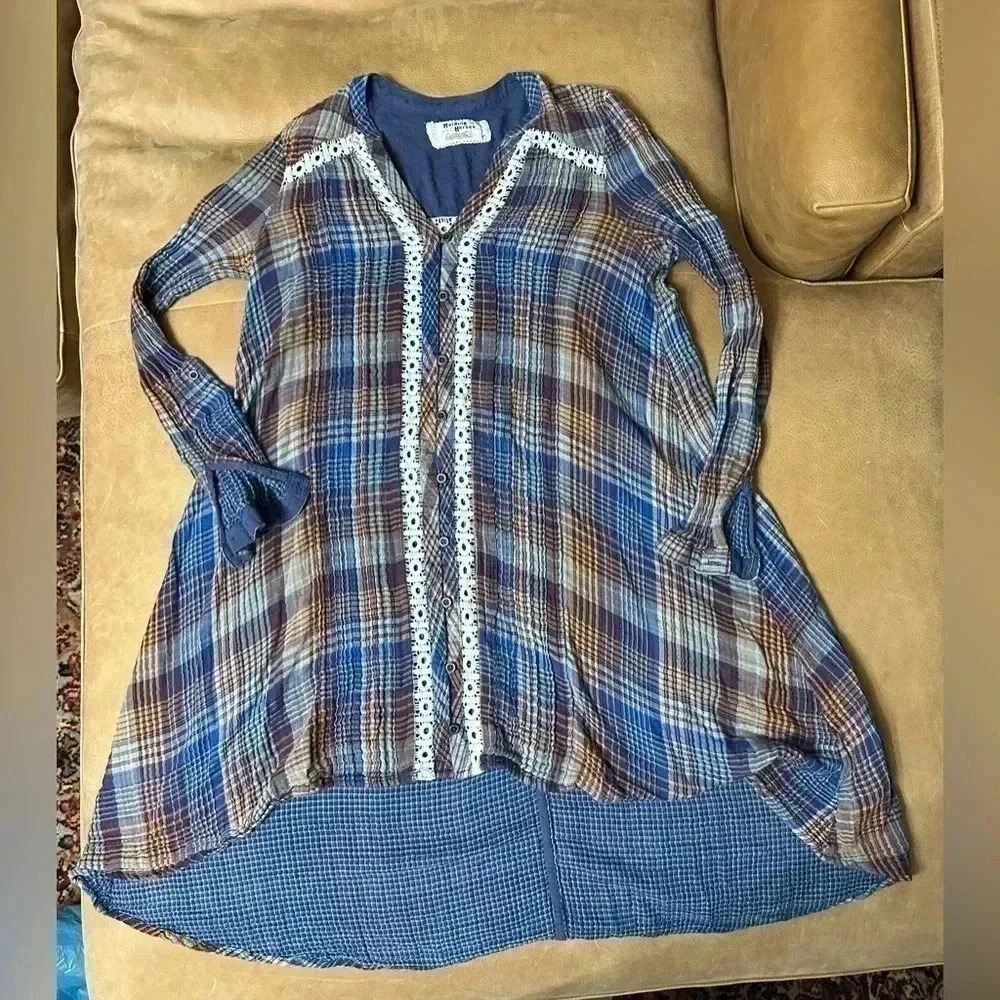HOLDING HORSES Blue and Brown Plaid High Low Dress